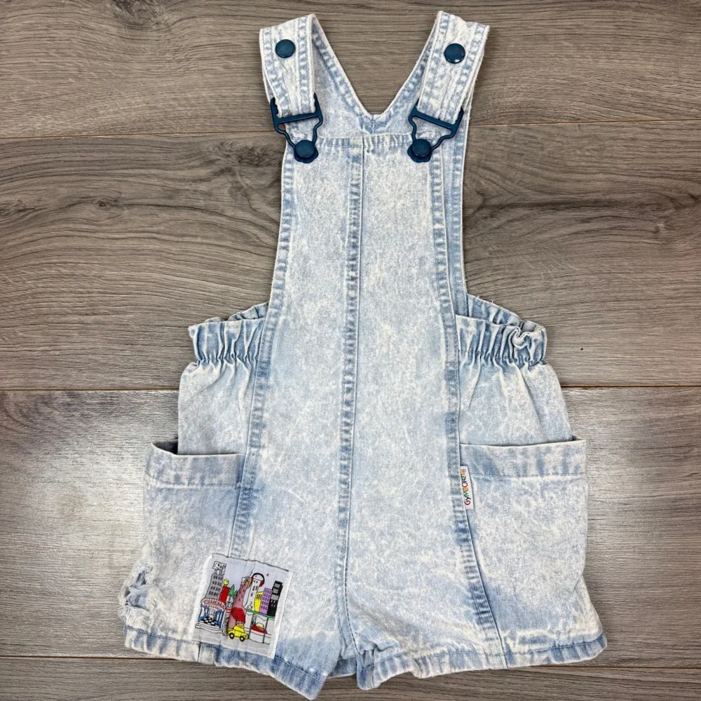 Vintage Gymboree Acid Wash Denim Shortalls City Skyline Patch Kids S